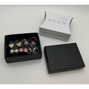 Avon Head Over Heels 5 Pair Earrings Set Pierced Stud Hearts Faux Pearls Pink